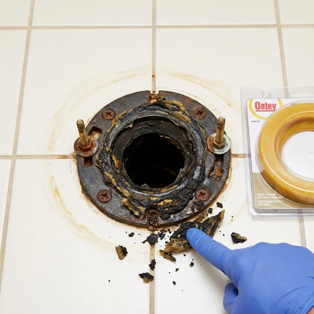 Failed wax ring showing water seepage at the base of a toilet in a Charleston, WV home