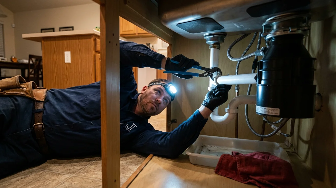 P-trap and supply line connections under a kitchen sink showing a common leak point in Charleston, WV